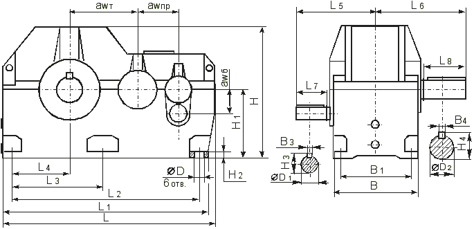 Габаритные и присоединительные размеры редуктора 1Ц3Н-450
